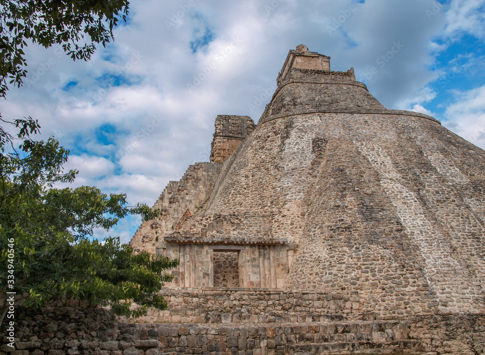 Side view of huge mayan pyramid at the ruins of Uxmal, Yucatan, Mexico