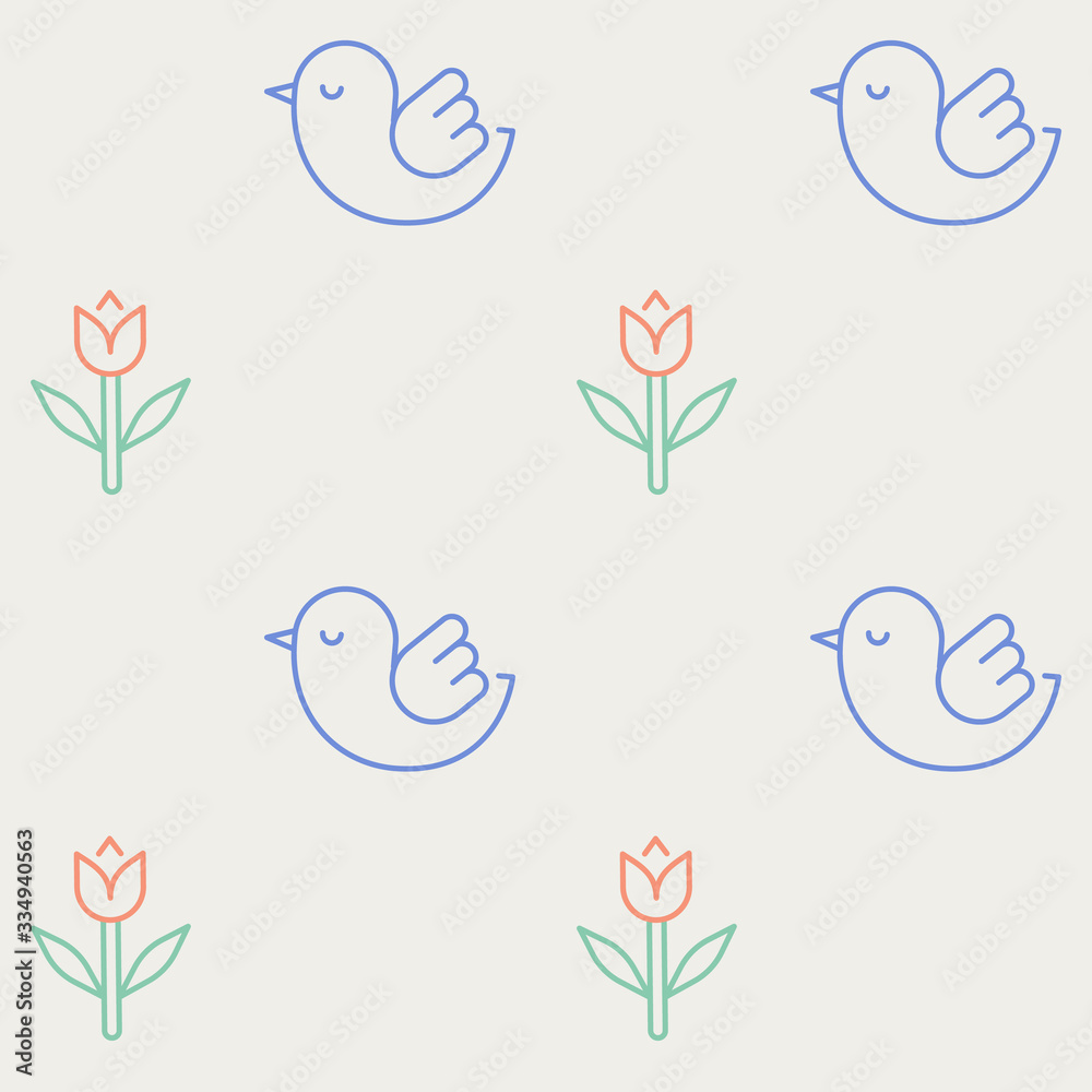 Flowers and birds icons pattern. Happy Easter seamless background. Seamless pattern vector illustration Flowers and birds icons pattern. Happy Easter seamless background. Seamless pattern vector illustration