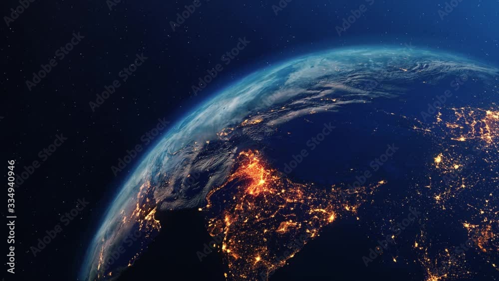 Earth rotating on Axis in space with stars and Cloud Day and Night Rotation Seamless Loop Animation . Space, Planet, Galaxy, Stars, Cosmos, Sea, Earth, Sunset, Globe, World.