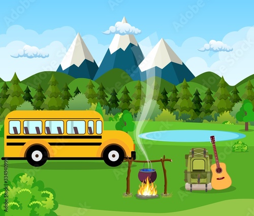 school bus and green meadow, mountains on a cloudy sky. Summer camping. Natural vector landscape. vector illustration in flat design. Outdoor activities. Tent and fire camp