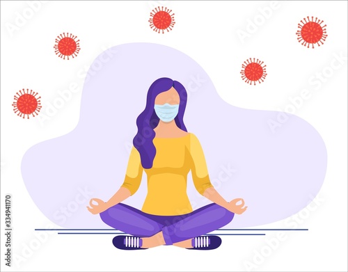 Coronavirus 2019-nCoV quarantine. woman doing yoga or meditation at home in mask. Self-isolation period at home stayhome. Healthy lifestyle and home yoga concept. Vector illustration in flat style