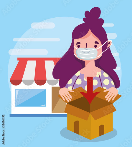 woman ordering market with box ecommerce online shopping covid 19 coronavirus
