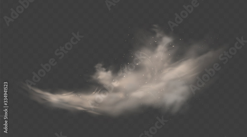 Dusty cloud. Smoke with sand, stones and flying dirty, soil dust particles isolated on transparent background. Air pollution concept. Realistic vector illustration