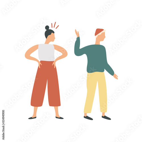 Conflict of colorful cartoon couple isolated on white background