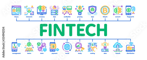 Fintech Innovation Minimal Infographic Web Banner Vector. Bitcoin Financial Technology, Binary Code And Electronic Exchange, Wifi Smartphone Fintech Illustrations