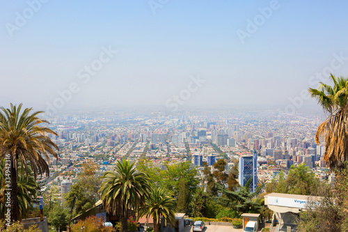 Santiago, Chile, View of the city from the San Cristobal hill. From the hill of San Cristobal opens an amazing panorama of Santiago - the city of St. James, the patron Saint of the Castilians, in who