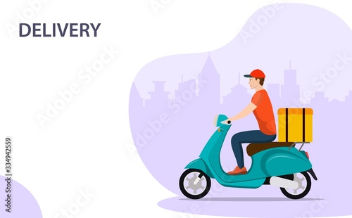 Courier on scooter with parcel box delivering food In city. Fast food delivery service, motorbike driver courier or gps pizza deliveries. Vector illustration in flat style © Rogatnev