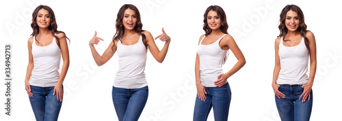 Beautiful woman in a t-shirt of white color. T-shirt template. She laughs and has fun 