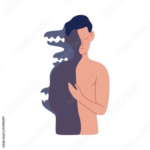 Cartoon naked man posing with half shadow body vector flat illustration. Duality male having dark side of personality isolated on white background. Concept of psychological problems and conditions