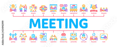 Business Meeting Conference Minimal Infographic Web Banner Vector. Business Meeting And Seminar, Businessman Partnership, Communication And Talking Illustrations