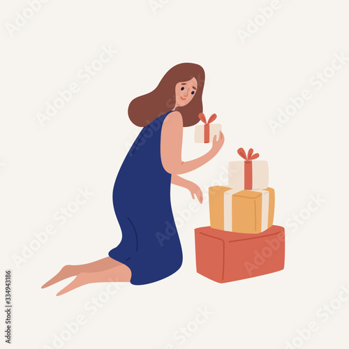 Happy cartoon woman disassemble heap of gift box with ribbon vector flat illu...