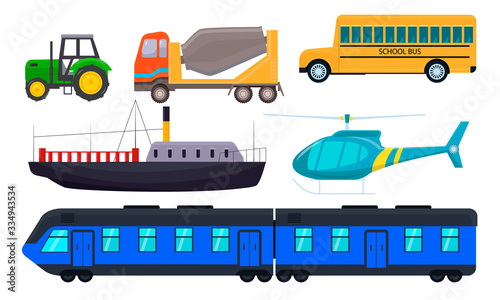 Hand drawn different types of vehicles over white background