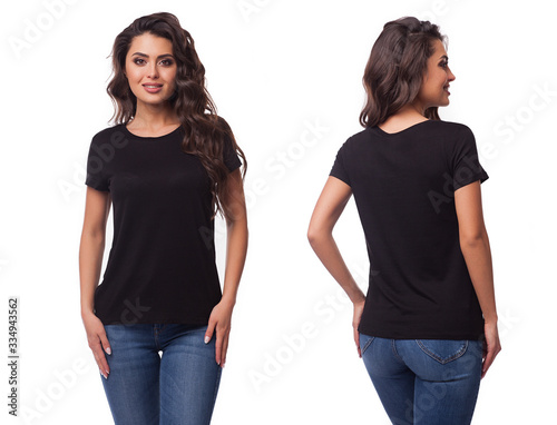 Mockup of a template of a black woman's t-shirt on a white background. Front view, rear view. The beautiful girl the brunette in a black t-shirt