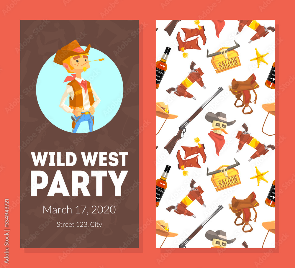 Wild West Party Invitation Card Template with Western Symbols, Flyer, Poster with Cowboy Objects Vector illustration