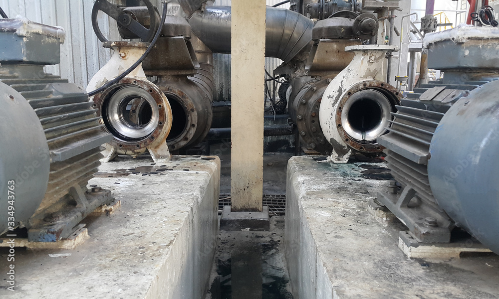 Electric motor on baseplate in pulp industial , Pump and accessories open check in annual preventive maintenance Electric motor on baseplate in pulp industial , Pump and accessories open check in annual preventive maintenance