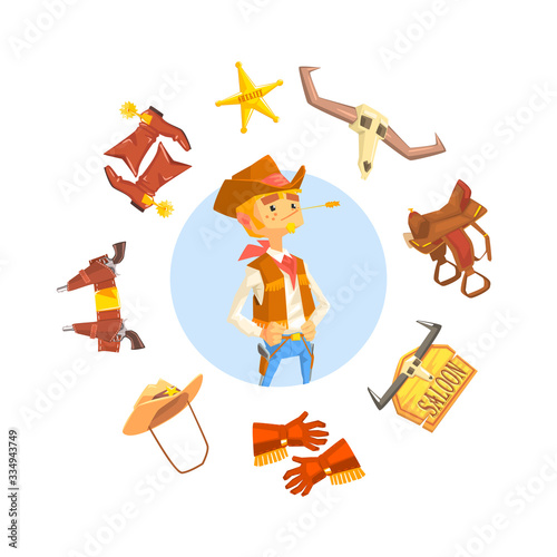 Cheerful Cowboy Sheriff Character, Wild West Attributes and Clothes Vector illustration