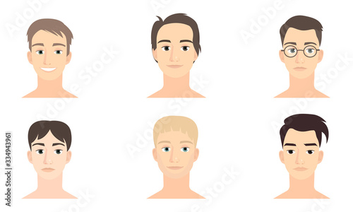 Set of male faces with different hairstyles and expressions vector illustration