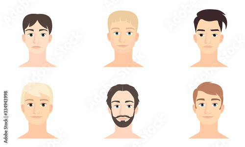 Set of male faces with different hairstyles and face expressions vector illustration