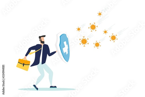 COVID-19 Coronavirus protection and quarantine or business risk prevention from novel virus outbreak concept, businessman holding knight shield to protect from COVID-19 Virus pathogens