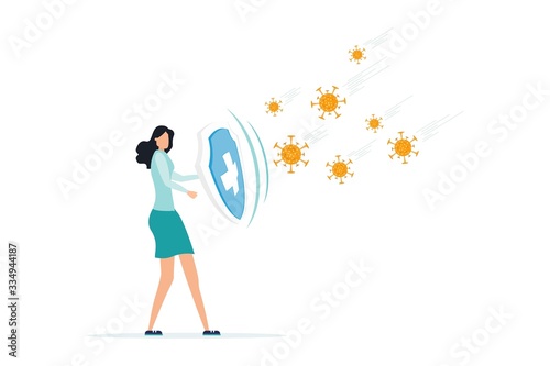 COVID-19 Protection against coronavirus and epidemic, the businesswoman holds a knight’s shield to protect against viral pathogens COVID-19