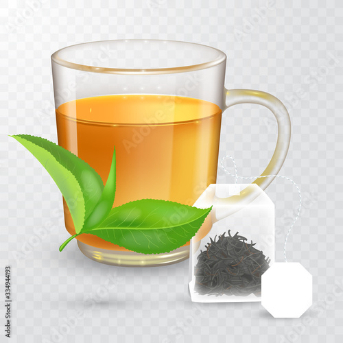 High detailed vector illustration of transparent cup with black or green tea isolated on transparent background. Flat rectangular tea bag with label. Realistic green tea leaves.