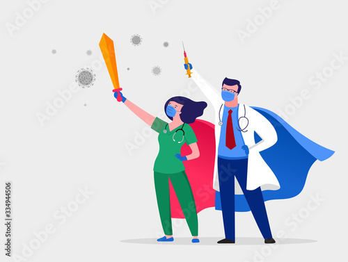 Super doctor and nurse wearing medical masks and capes, superhero couple, vector cartoon illustration