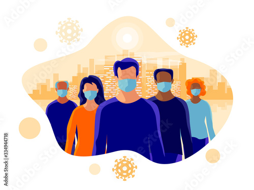 Group of people wearing protection medical face mask to protect and prevent virus, disease, flu, air pollution, contamination. Old man woman standing. Isolated vector illustration with city skyline.