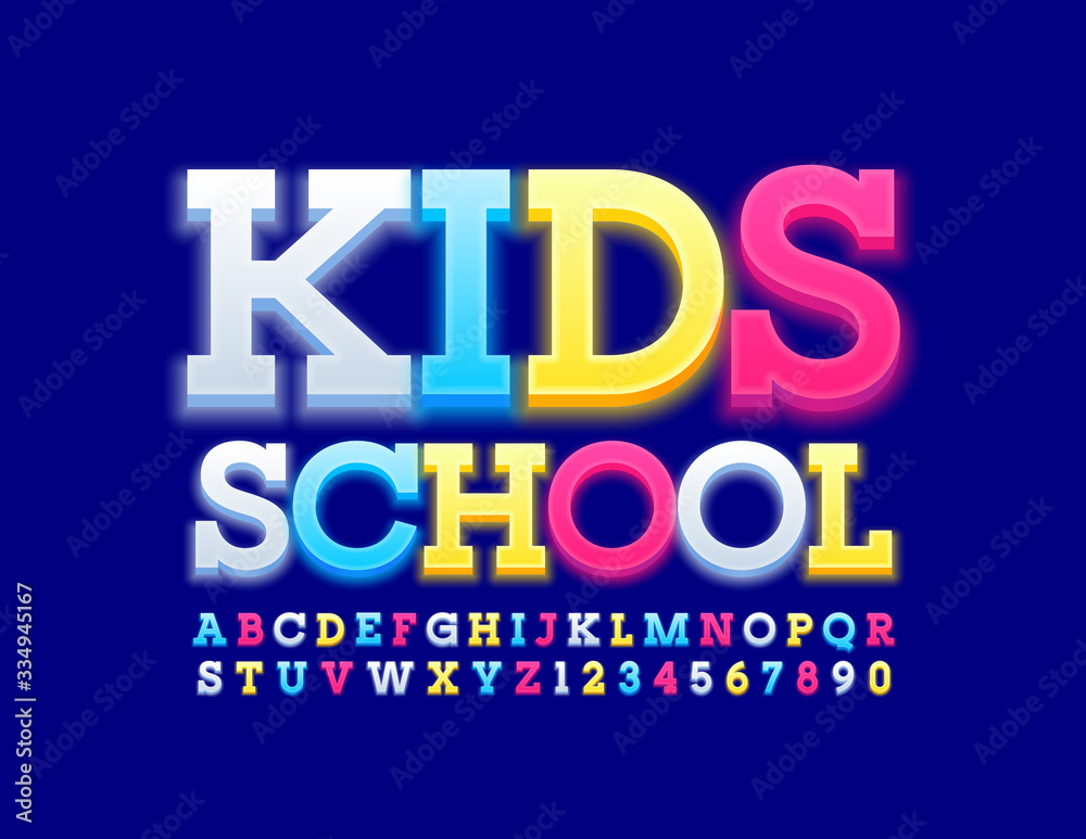 Vector colorful logo Kids School. Bright Modern Font. Creative Alphabet Letters and Numbers