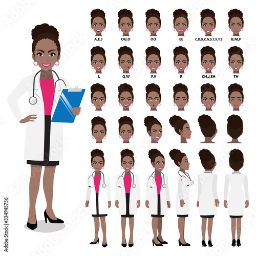 Cartoon character with African American professional doctor in smart uniform for animation. Front, side, back, 3-4 view character. Separate parts of body. Flat vector illustration.