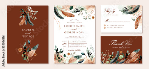 wedding invitation set with rustic feather and foliage watercolor