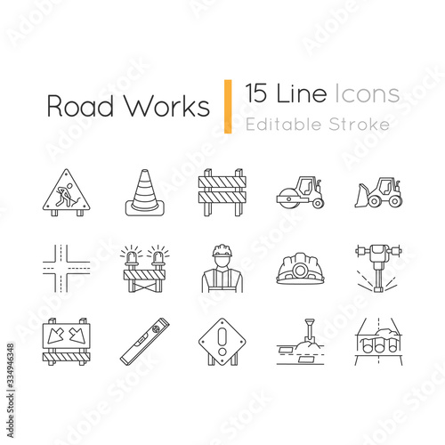 Road works pixel perfect linear icons set. Roadsign for construction. Worker in safety helmet. Customizable thin line contour symbols. Isolated vector outline illustrations. Editable stroke