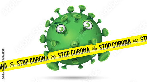 Green virus behind yellow barrier tape with imprint - Stop Corona