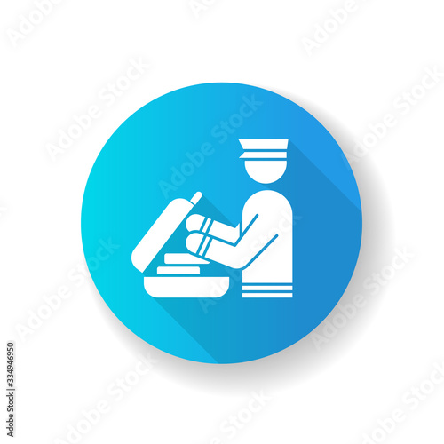 Security check luggage blue flat design long shadow glyph icon. Safe control for baggage. Passenger bag inspection. Suitcase custom check before airplane departure. Silhouette RGB color illustration