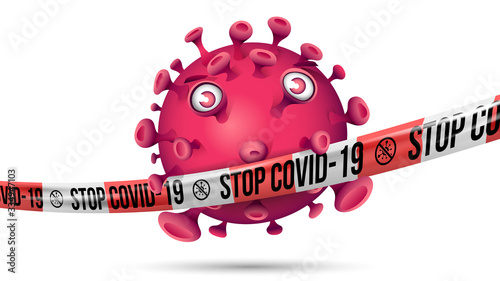 Purple red virus behind stretched red-white barrier tape with imprint - Stop Covid-19