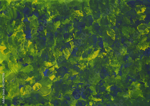 Abstract texture, background, hand painted, gouache, watercolor, brush strokes. Green, blue, yellow blurry spots. Close-up.