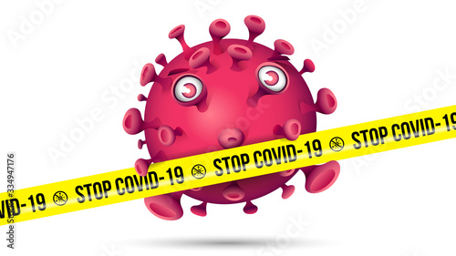 Purple red virus behind yellow barrier tape with imprint - Stop Covid-19