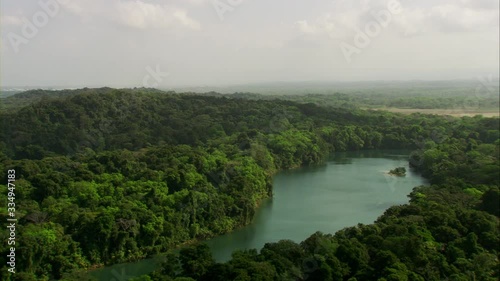 Aerial flight over Gatun Lake, Cloud Forest, Panama Canal, filmed by day with Cineflex stabilization 5-Axis camera systems