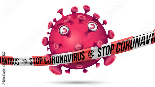 Purple red virus behind stretched red-white barrier tape with imprint - Stop Coronavirus