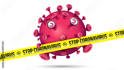 Purple red virus behind yellow barrier tape with imprint - Stop Coronavirus