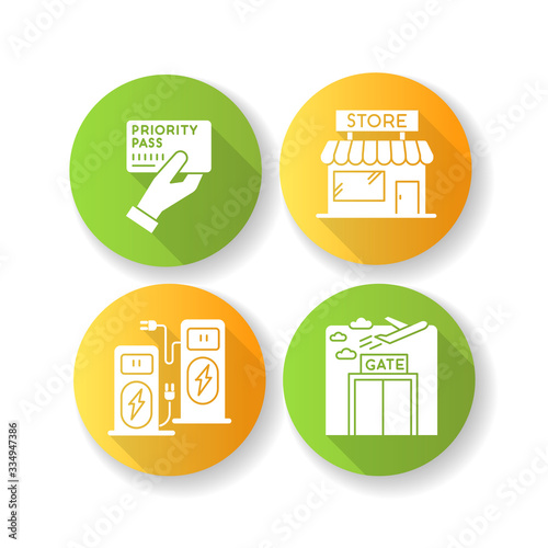 Airport terminal flat design long shadow glyph icons set. Duty free shop. Power recharge kiosk. Aircraft gate window. Ticket for plane. Priority pass. Silhouette RGB color illustration