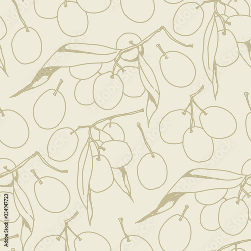 Seamless pattern of hand drawn, graphical ripe olives on branch with leaves © Mitya Korolkov