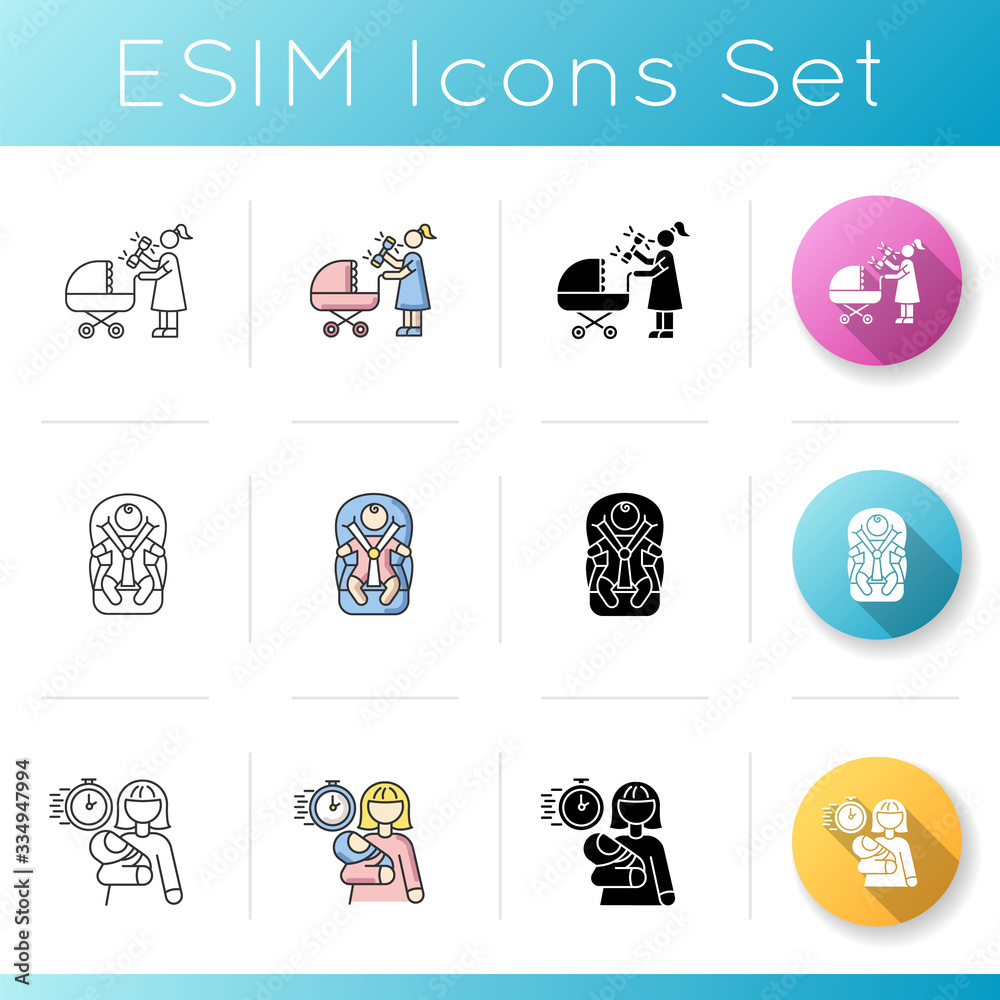 Fototapeta premium Babysitting services icons set. Woman with rattle toy. Mother with baby stroller. Newborn kid in car seat. Maternity leave.Linear, black and RGB color styles. Isolated vector illustrations