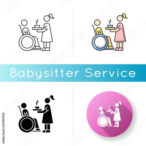 Special needs icon. Social worker help senior person. Disabled man in wheelchair. Woman feeding male hospital patient. Linear black and RGB color styles. Isolated vector illustrations