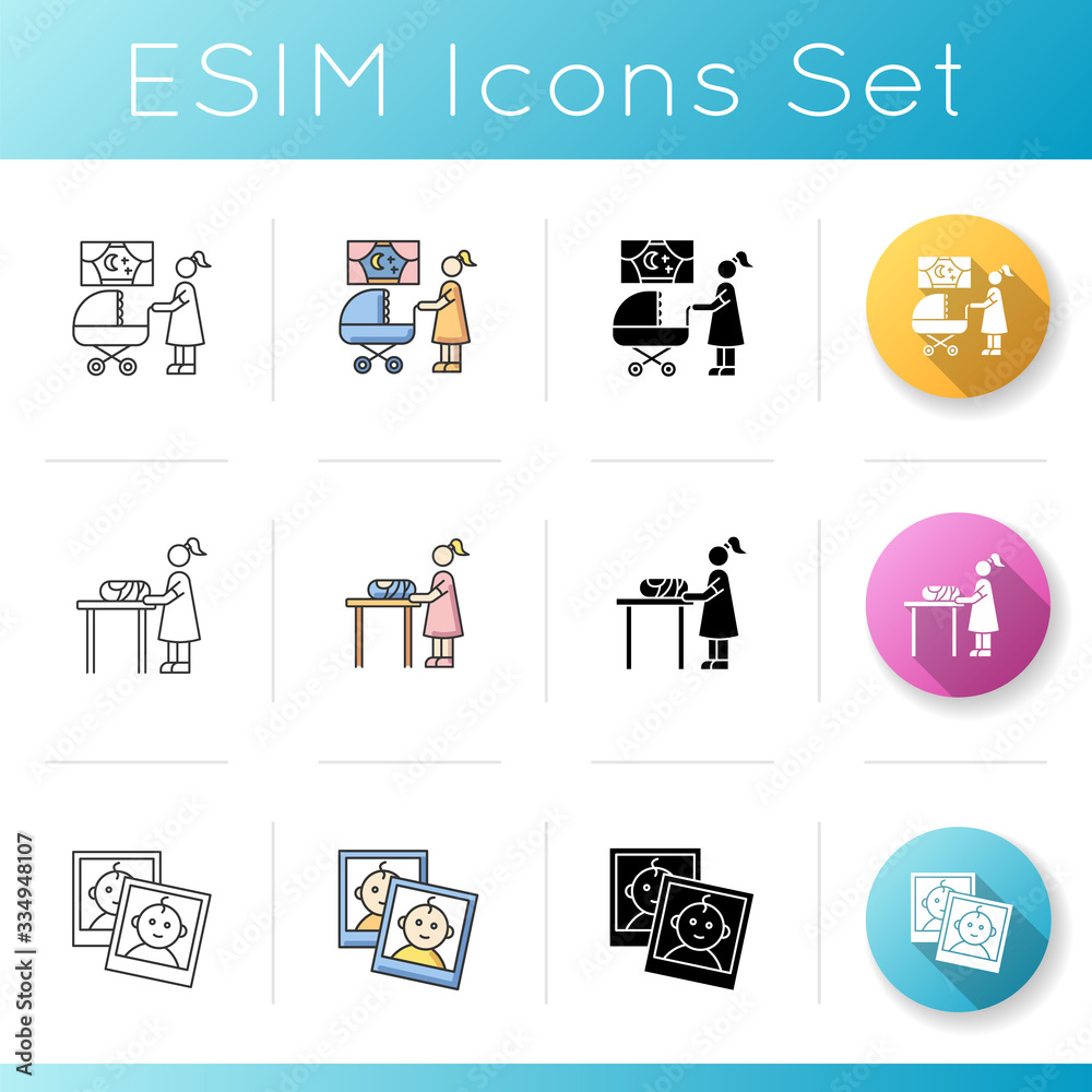 Babysitting services icons set. Mom look for sleeping kid. Instant photos of child. Mother changing diaper for baby. Newborn kid care. Linear, black and RGB color styles. Isolated vector illustrations Babysitting services icons set. Mom look for sleeping kid. Instant photos of child. Mother changing diaper for baby. Newborn kid care. Linear, black and RGB color styles. Isolated vector illustrations