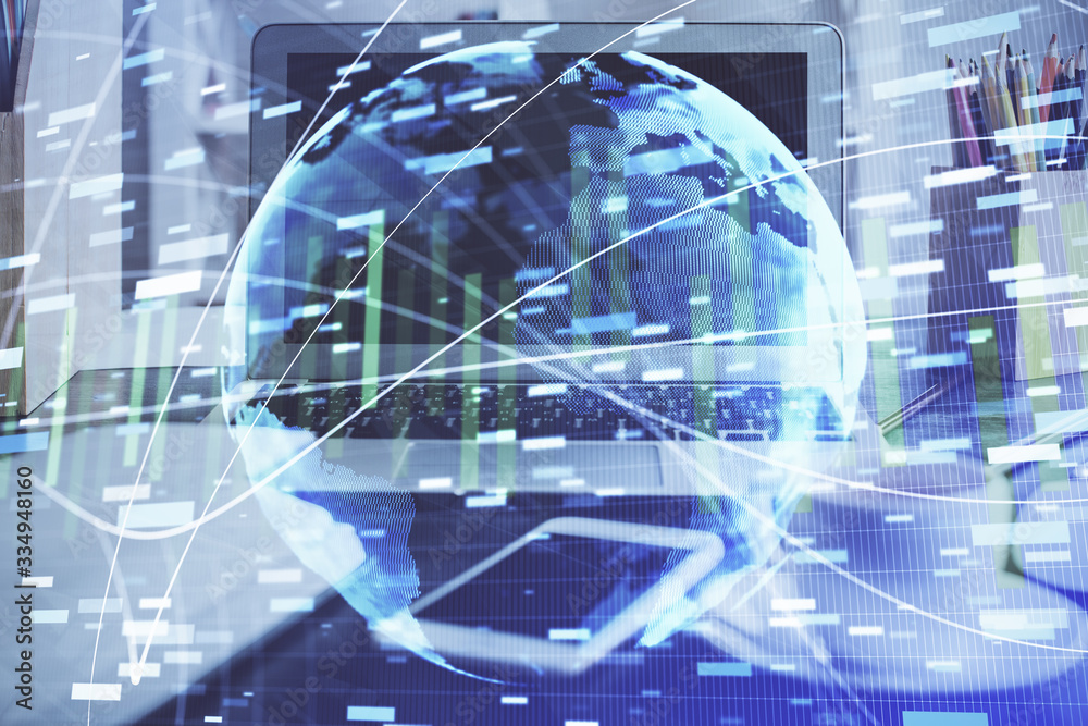 Double exposure of business theme icons and work space with computer background. Concept of success. Double exposure of business theme icons and work space with computer background. Concept of success.