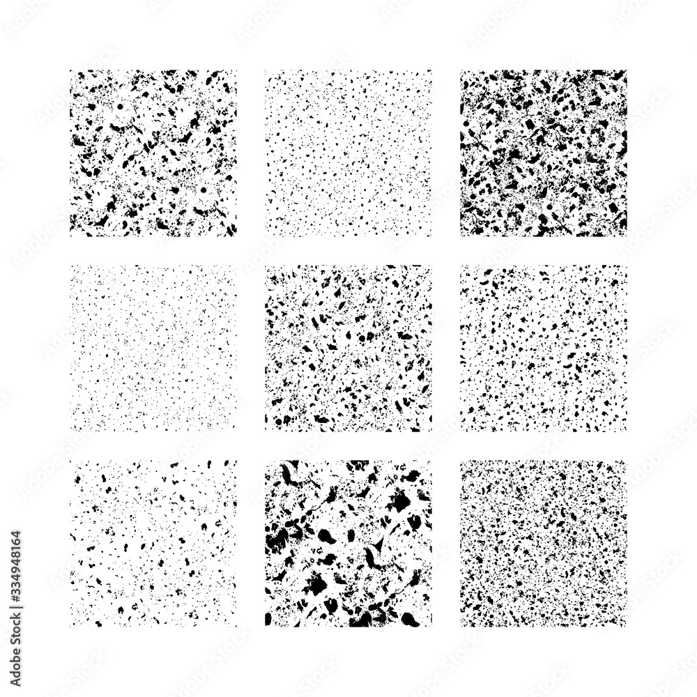Set of monochrome, black seamless textures, patterns, backgrounds. Speckled, grain, grunge, noisy, dirty style