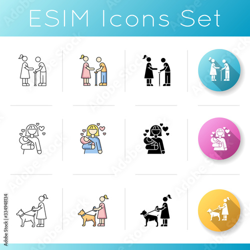 Babysitting services icons set. Elder person with cane. Social worker help old man. Pet sitting. Parenthood and motherhood. Linear, black and RGB color styles. Isolated vector illustrations