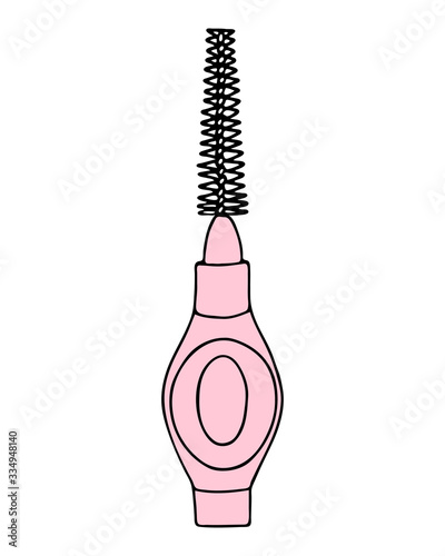 Interdental brush orthodontic braces. Pipe-cleaner dental product personal oral hygiene home in bathroom. Color vector isolated flat doodle realistic drawing with black outline white background icon.