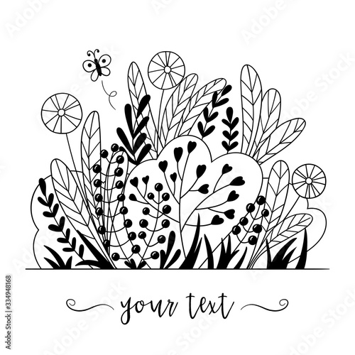 Contour black and white grass and weeds in doodle style. Hand-drawn illustration, vector.