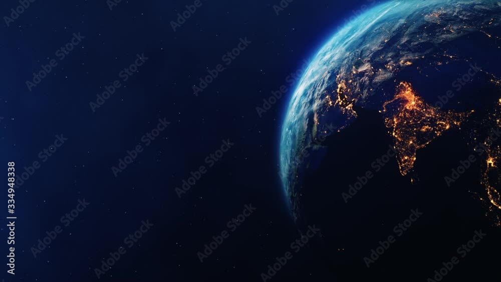 Space view on Planet Earth and Sun Star rotating on axis in black Universe with day and Night city Lights. Seamless Loop Animation Solar Eclipse. Galaxy, Cosmos, Sea, Sunset, Globe, World.